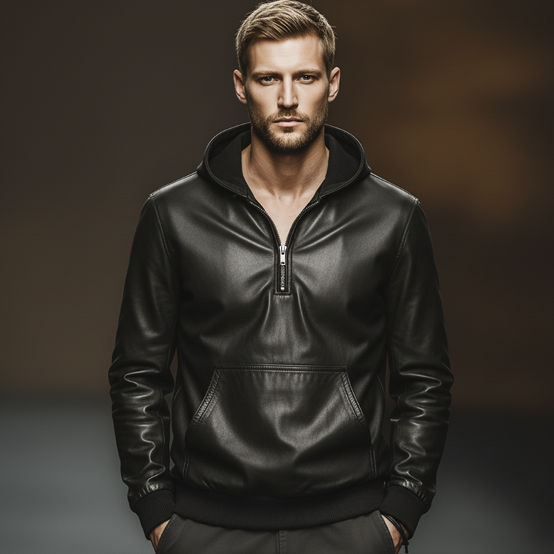 Men's Classic Quarter Zip Collar Black PU Leather Hoodie MTA2723J6U