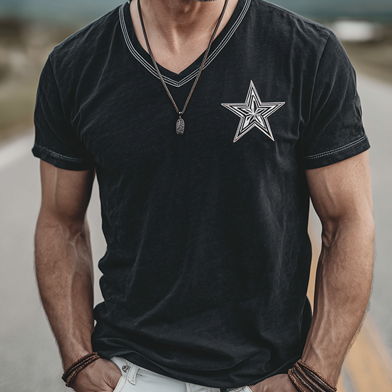 Men's Spring And Summer Casual Cotton Blended Print Slim Fit V-Neck Short Sleeve T-Shirt MTA0517G4K