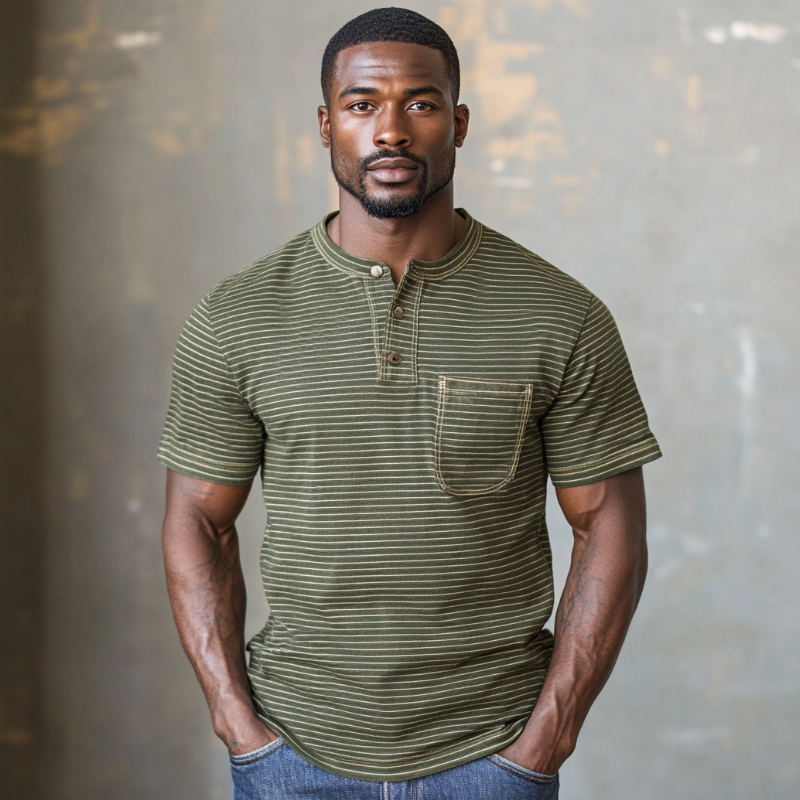 Men's Casual Premium Cotton Striped Henley Collar Patch Pocket Slim Fit Short Sleeve T-Shirt MTA0816E2M