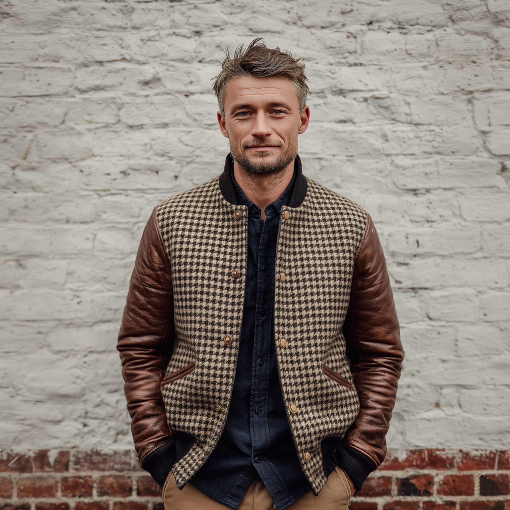 Men's Classic Casual Sleeves Stitching PU Leather Button Imitation Houndstooth Flight Jacket MTA2108J4K