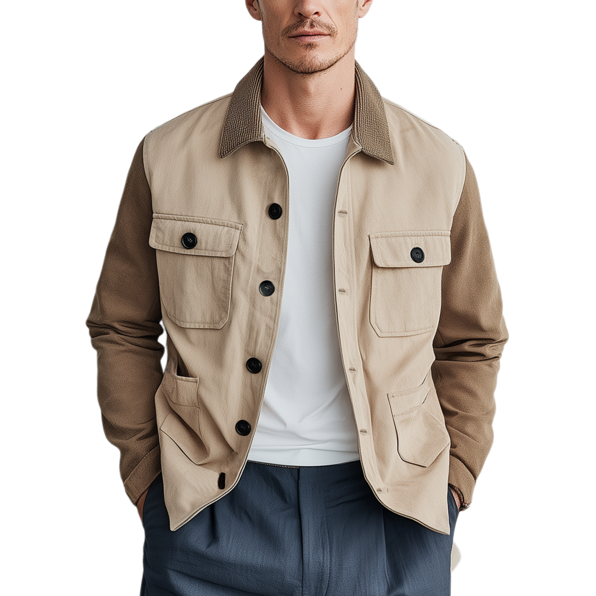 Men's Fashionable Casual Corduroy Collared Collar Stitching Suede And Cotton Blended Multi-pocket Jacket MTA2911G4K