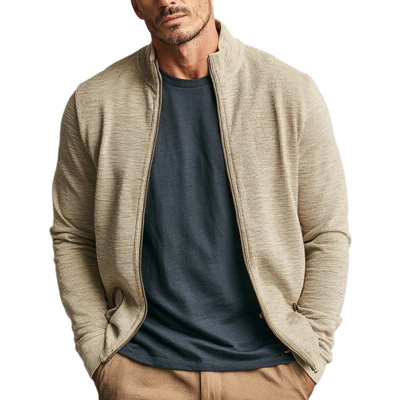 Men's Solid Color Wool Zipper Stand Collar Knitted Cardigan MTA2741J6X