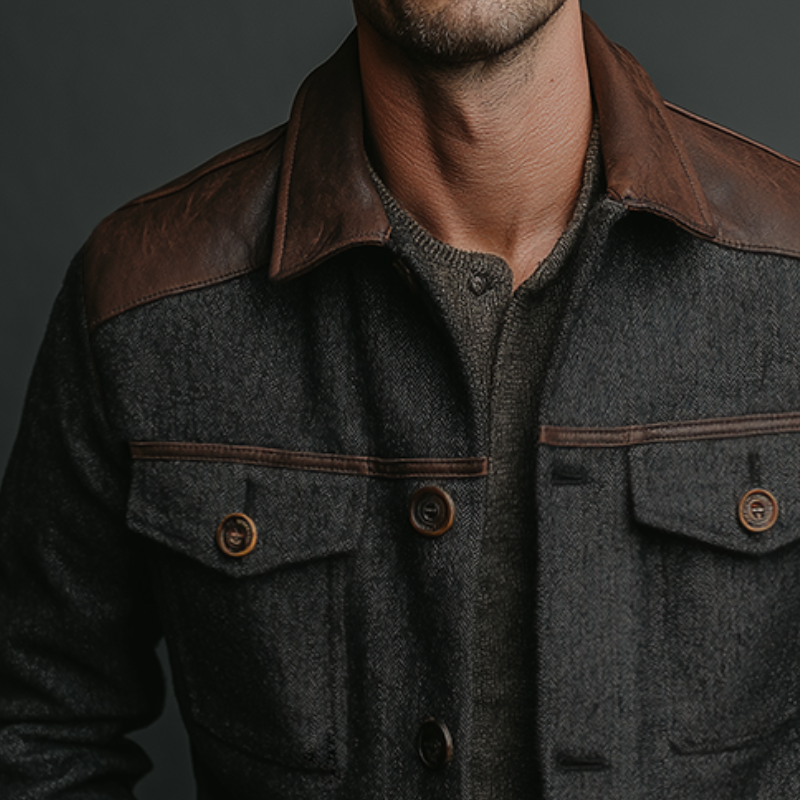 Men's Retro Casual Herringbone Tweed Patchwork PU Jacket MTA0168K0TO