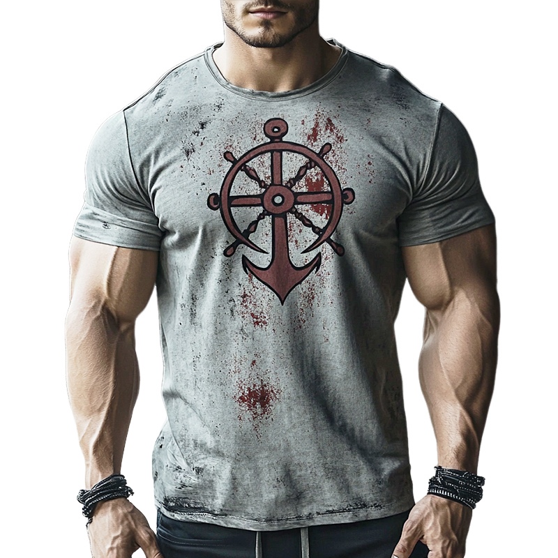 Men's Retro Nautical Anchor Print Casual Round Neck Short Sleeve T-Shirt 03423270TO