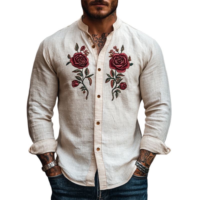 Men's Classic Retro Casual Embroidered Rose Linen Long Sleeve Shirt 95405072K