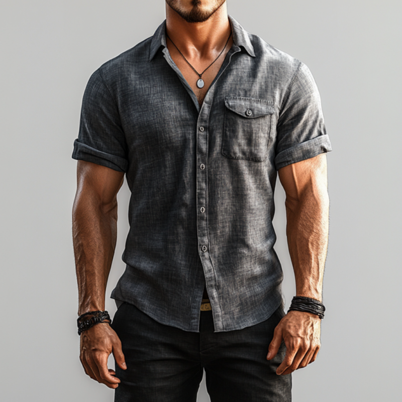 Men's Casual Breathable Linen Lapel Chest Pocket Slim Fit Short Sleeve Shirt MTA1529E4M