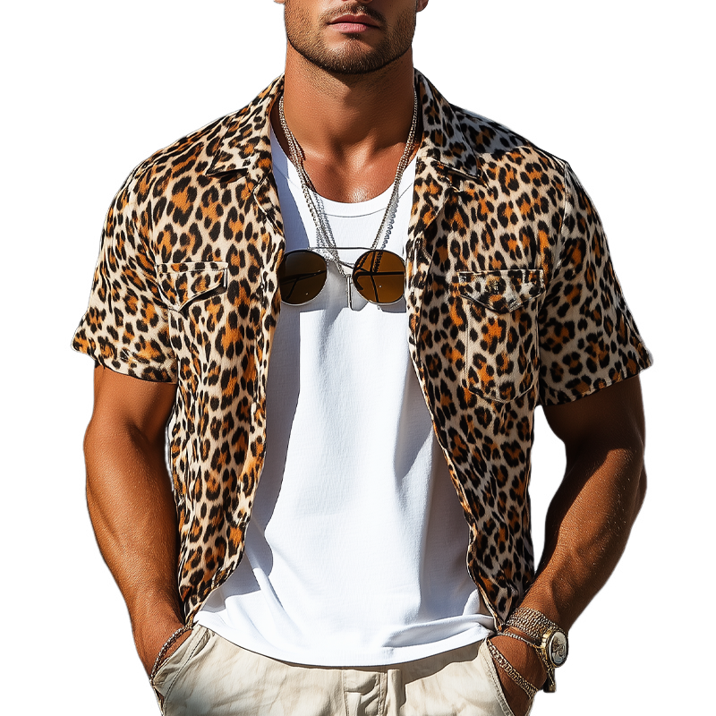 Men's Leopard Print Short Sleeve Multi-Pocket Shirt MTA2389F4X