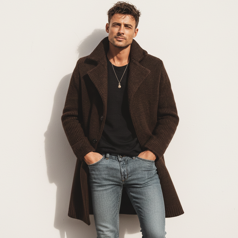 Men's Urban Chocolate-Colored Buttoned Knitted Coat MTA1743K8U