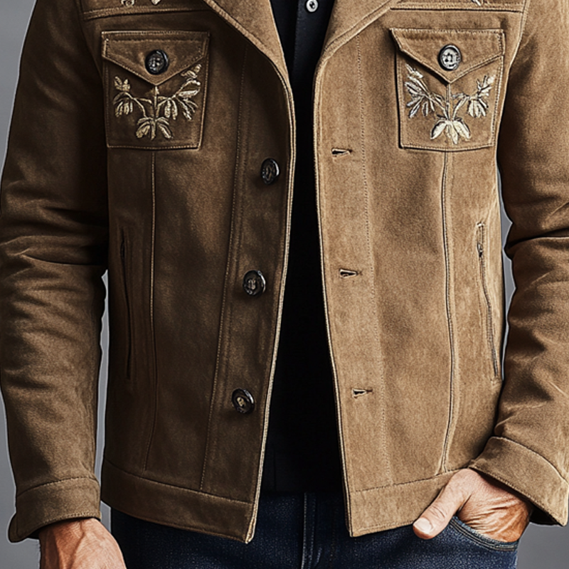 Men's Faux Suede Embroidered Lapel Button Jacket MTA2835K5X