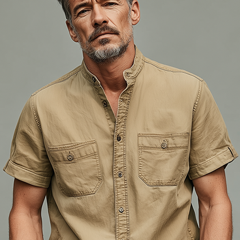 Men's Summer Casual Cotton Blended Washed Stand Collar Short Sleeve Shirt MTA0220G9K
