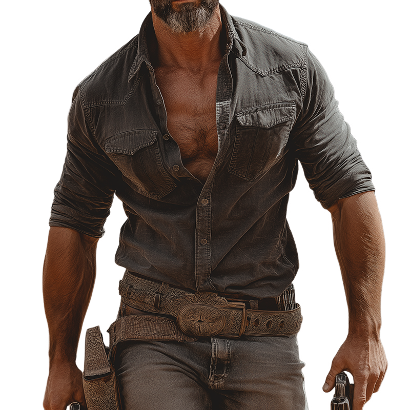 Men's Retro Casual Western Style Cotton Washed Distressed Lapel Long Sleeve Shirt MTA2692H2TO