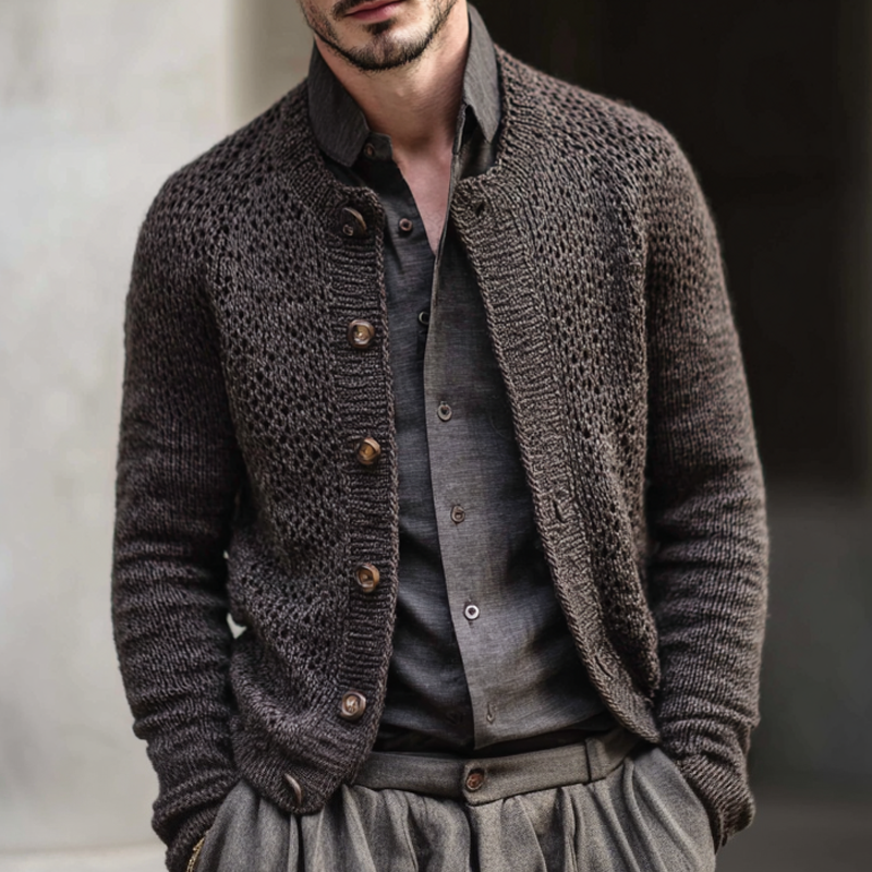 Men's Fashion Openwork Round Neck Single Breasted Knit Cardigan MTA2079H4Z