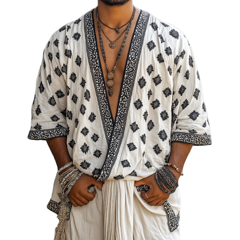 Men's Retro Casual Ethnic Print Collarless Elbow-Length Sleeve Shirt MTZ1195B3TO