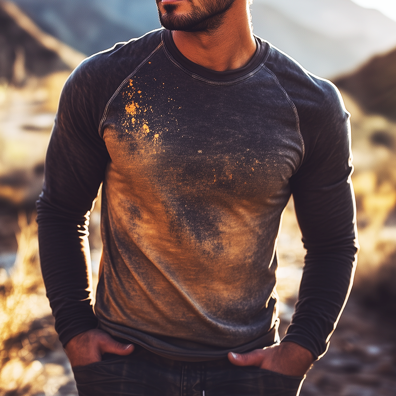 Men's Retro Casual Explosion Print Round Neck Long Sleeve T-shirt MTA3037G3TO