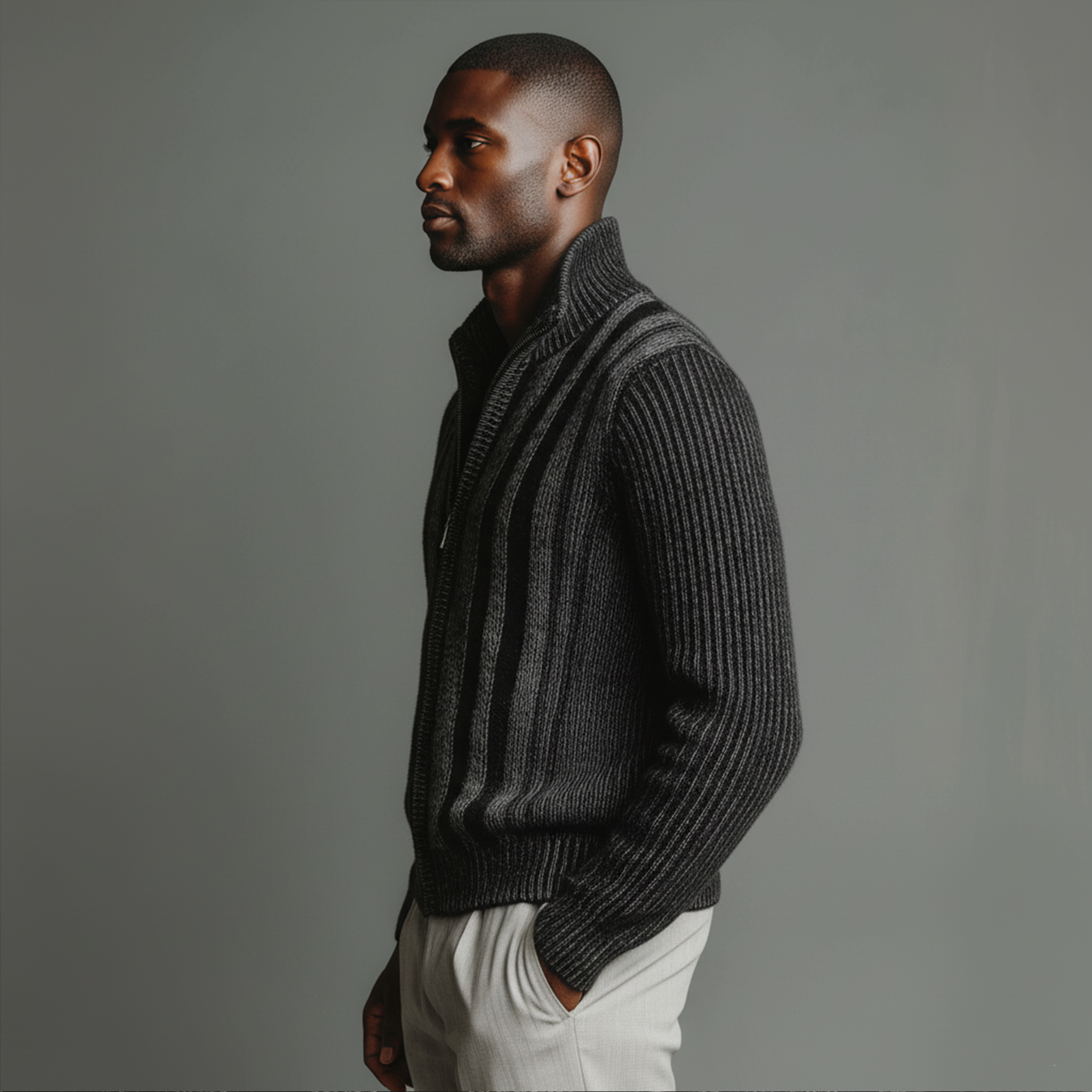 Men's Classic Retro Vertical Striped Stand Collar Zipper Knitted Cardigan MTA2367I5K