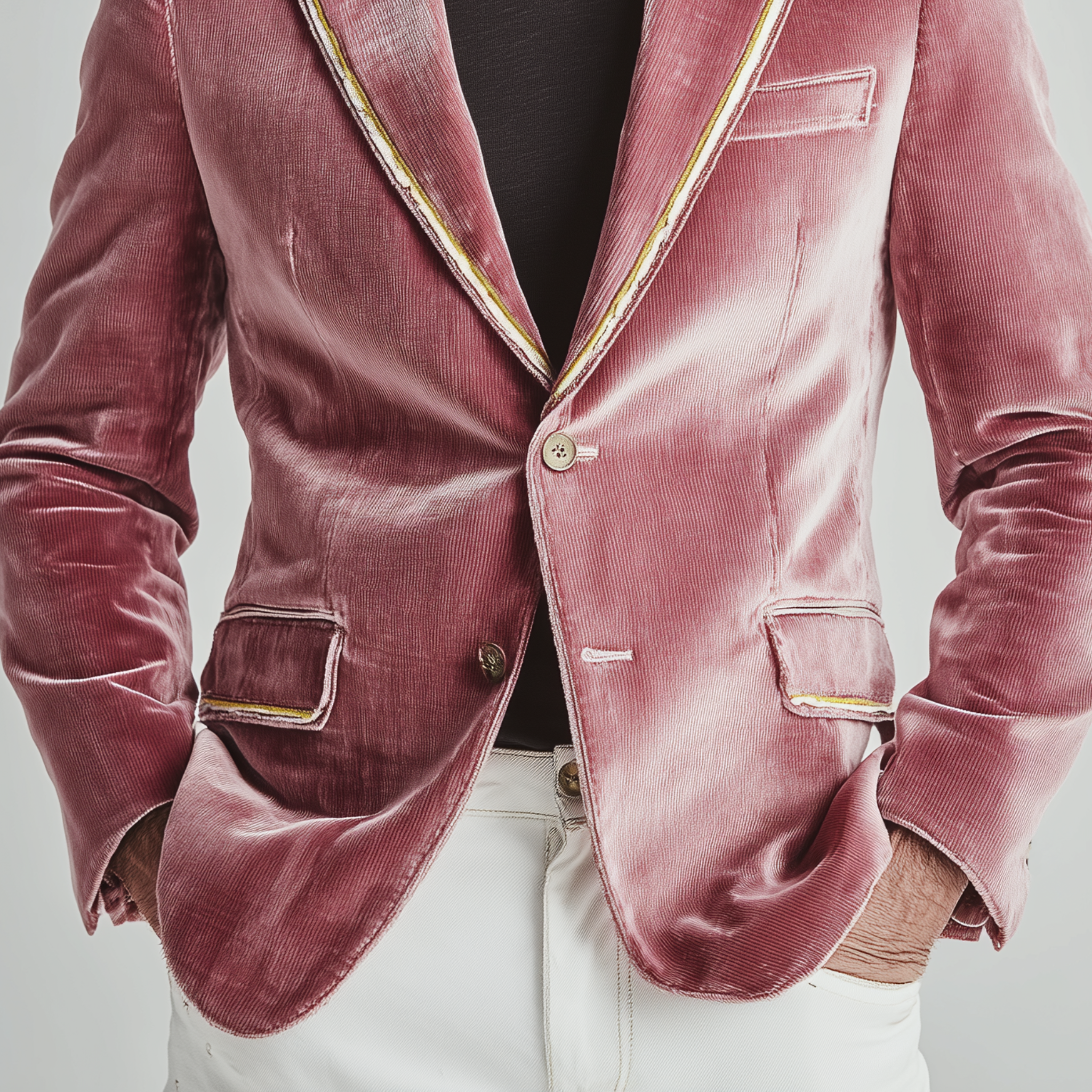 Men's Classic Formal Party Wear Decorative Ribbon  Slim Fit Pink Corduroy Single Breasted Blazer MTA1587H7K