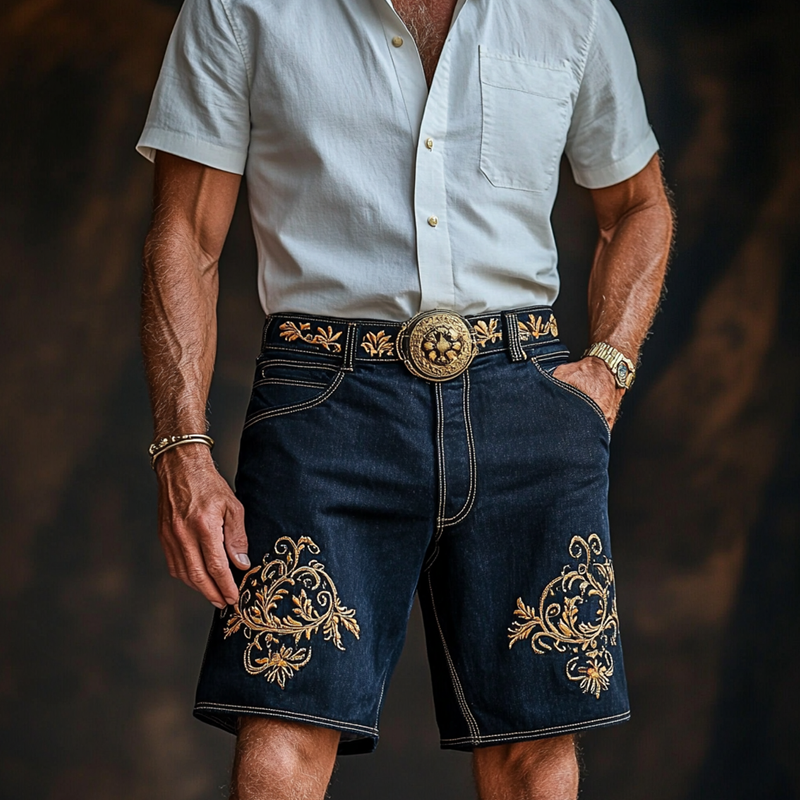 Men'S Fashion Retro Embroidered Straight Denim Shorts MTA0948E0Z