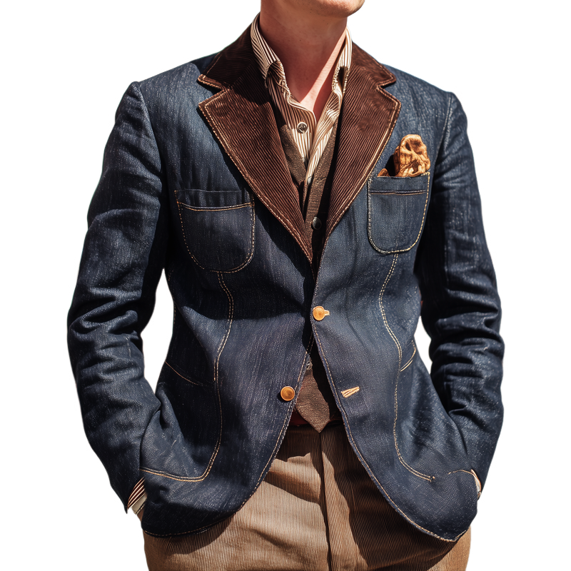 Men's Classic Colorblock Corduroy Collar Two-button Denim Blazer MTA0940I0U