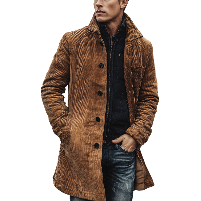 Men's Vintage Corduroy Lapel Single-breasted Mid-length Coat MTA0520H6X