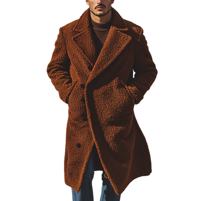 Men's Retro Solid Color Loose Fleece Lapel Button-Down Long Coat MTA3080J8X