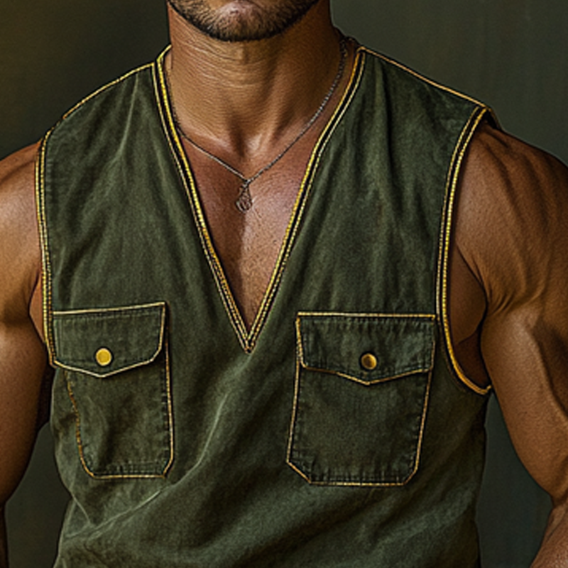 Men's Vintage Washed V-Neck Sleeveless Workwear Multi-Pocket Tank Tops MTA1266F4X