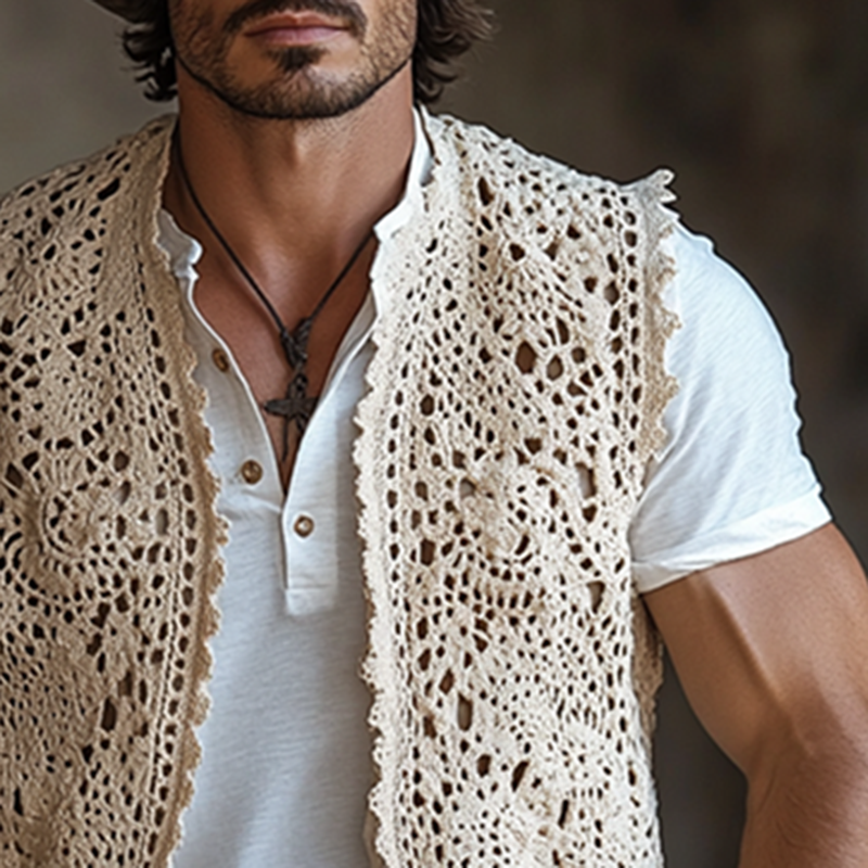 Men's Western Style Solid Color Crochet Buttonless Vest MTA1343F8Y