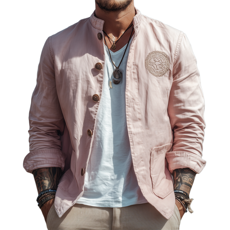 Men's Spring And Autumn Stand Collar Cotton Embroidered Button Jacket MTA0622H0U