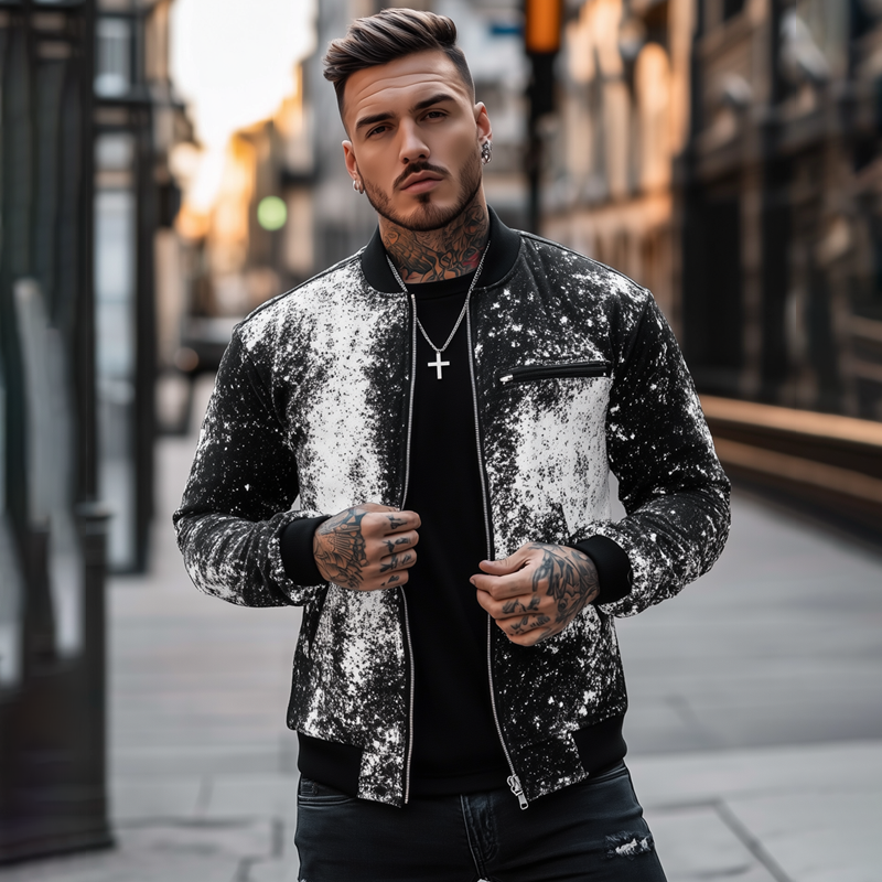 Men's Fashion Graffiti Print Stand Collar Chest Pocket Zipper Baseball Jacket MTA0145H8Z