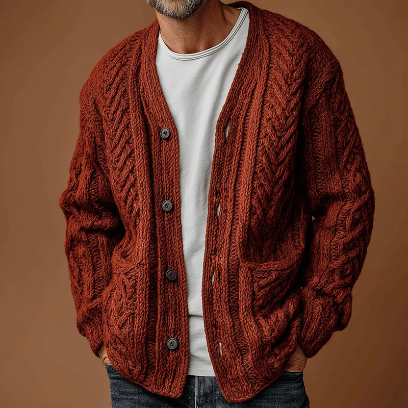 Men's Retro Casual Solid Color Cable-knit Button Cardigan MTA1937I6TO
