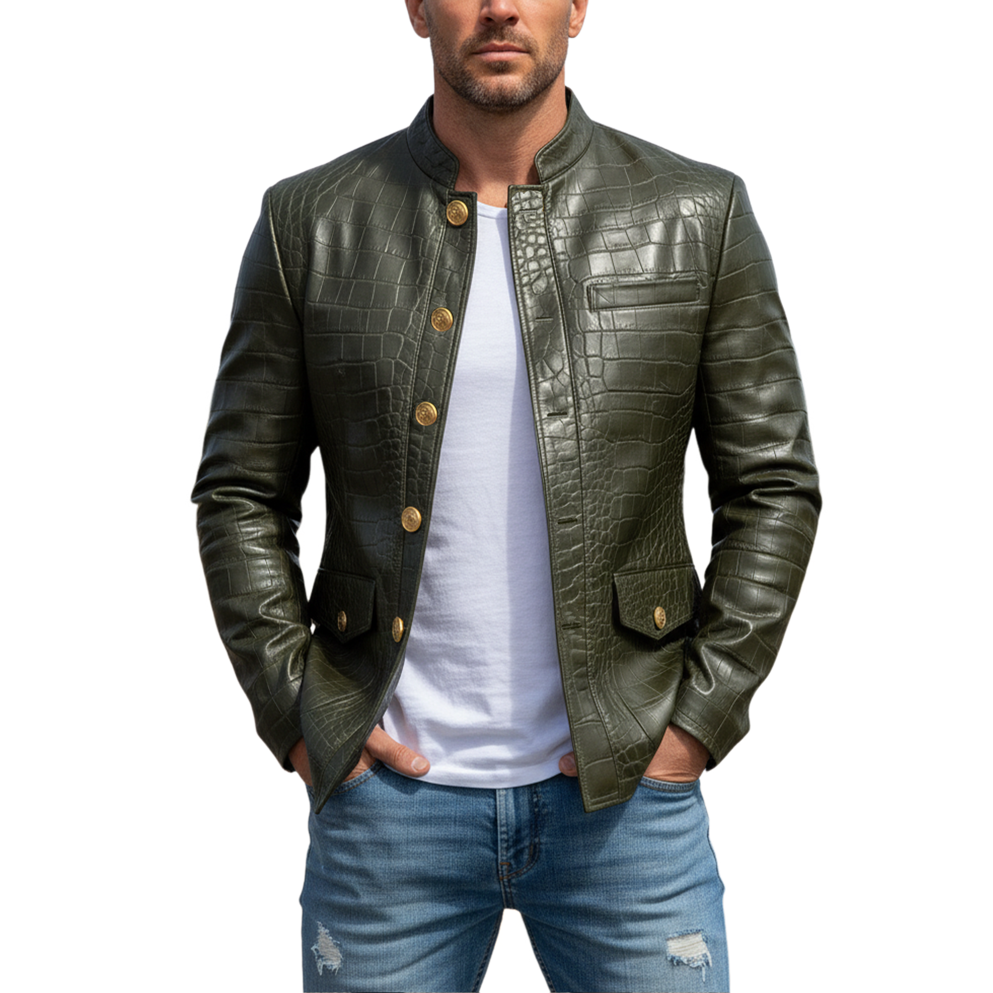 Men's Classic Casual Stand Collar Crocodile Leather Texture PU Leather Slim Fit Jacket MTA1390I2K