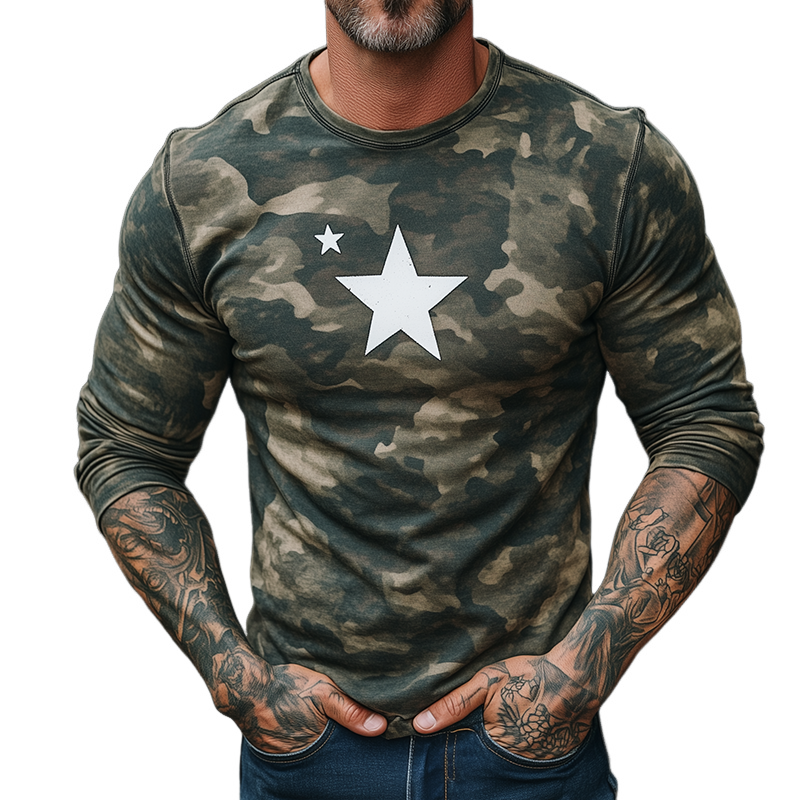 Men's Retro Casual Camouflage Star Print Round Neck Long Sleeve T-shirt MTA1836H8TO