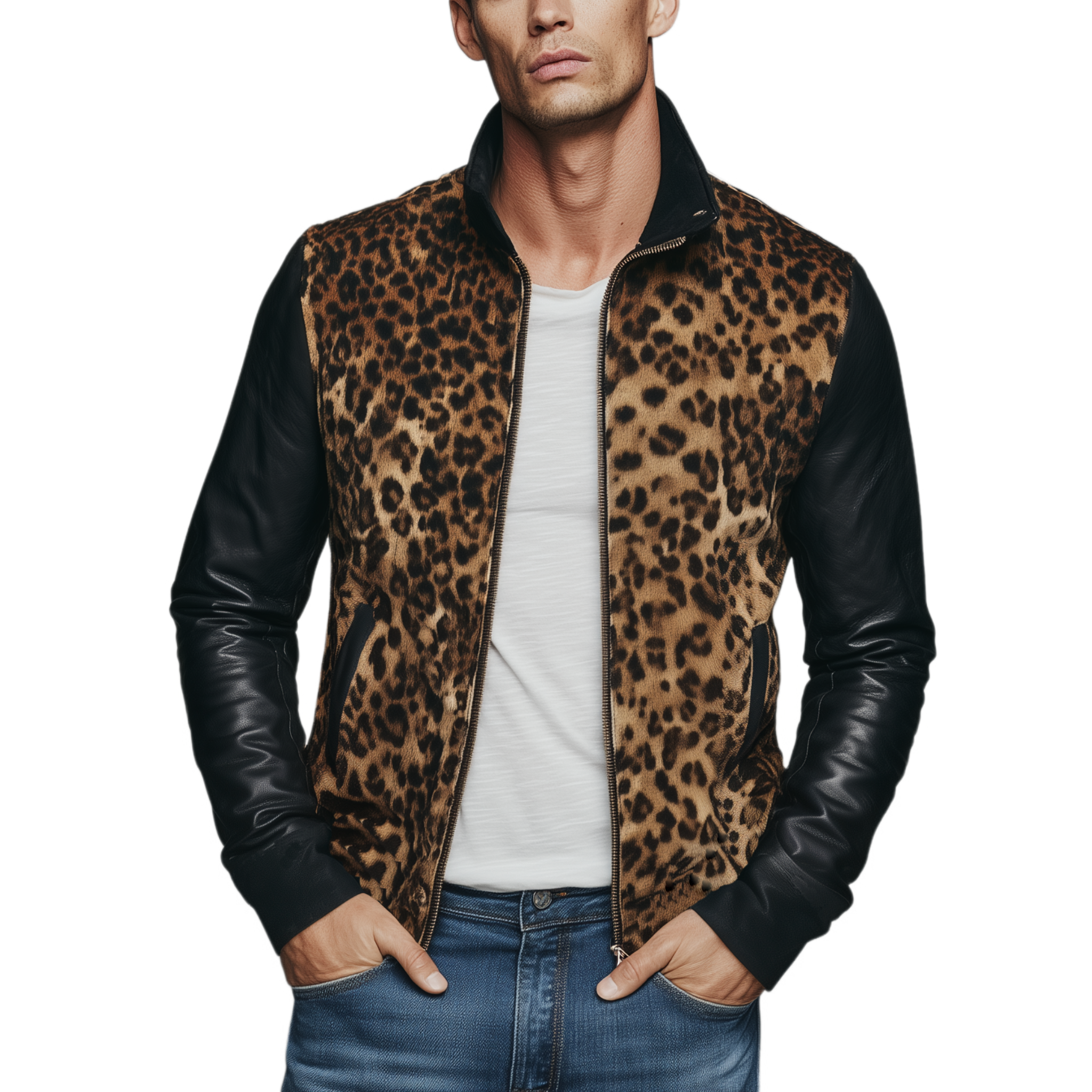 Men's Classic Casual Suede Leopard Print Pu Leather Stand Collar Slim Fit Jacket MTA0611H4K