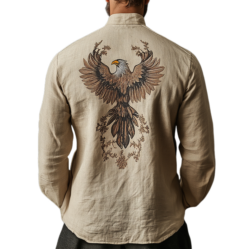 Men's Retro Eagle Embroidery Casual Linen Stand Collar Long Sleeve Shirt 87702770TO