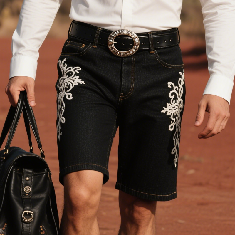 Men'S Fashion Retro Embroidered Straight Denim Shorts MTA0970E9Z