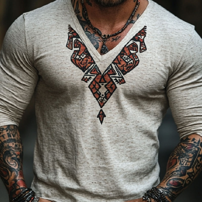 Men's Casual Slim Fit V-Neck Printed Cotton Long Sleeve T-Shirt 79348612F