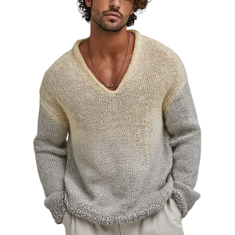 Men's Fashion Gradient V Neck Long Sleeve Loose Sweater MTA2072H4Z