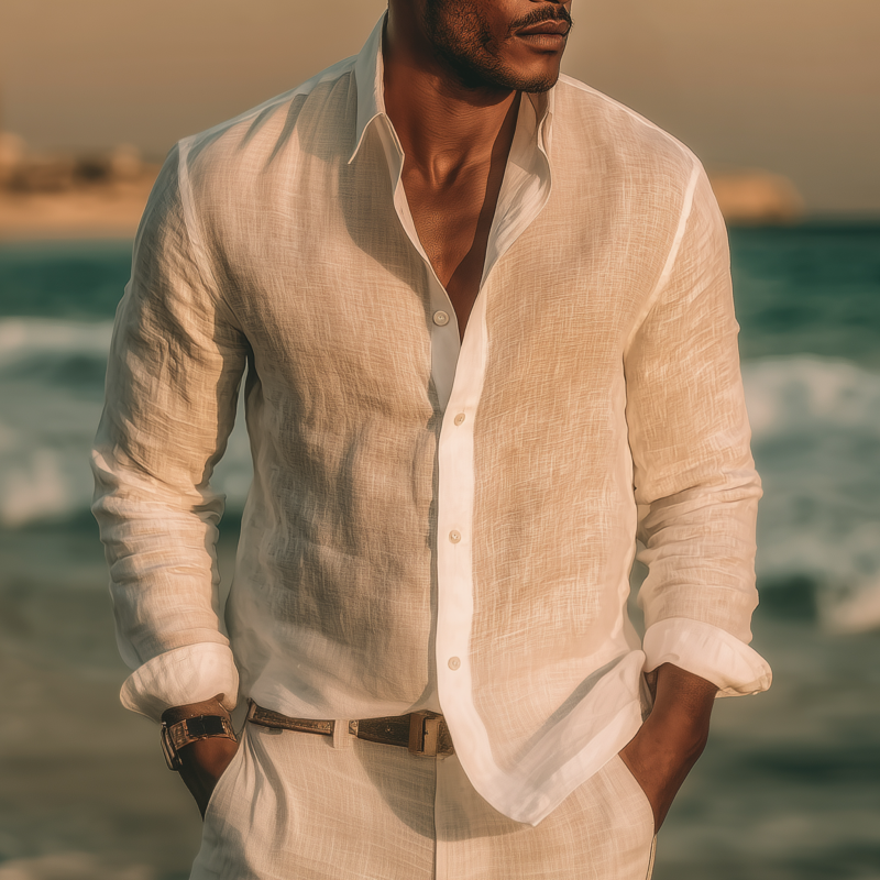 Men's Fashion Solid Color Breathable Linen Lapel Slim Fit Long Sleeve Shirt MTA0416G9M