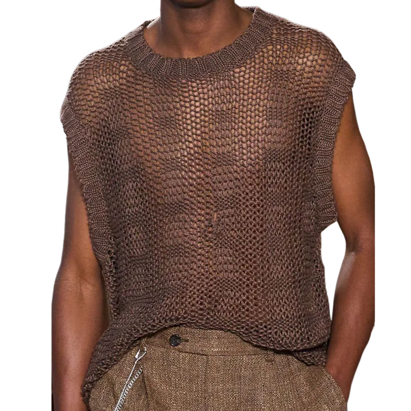Men's Spring And Summer Fashion Casual Slightly Transparent Sexy Round Neck Knitted Tank Top MTA1609F8K