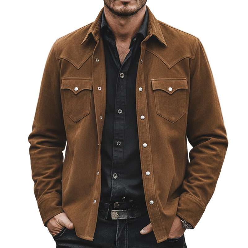 Men's Vintage Faux Suede Western Cowboy Style Long Sleeve Shirt MTA3004I2X