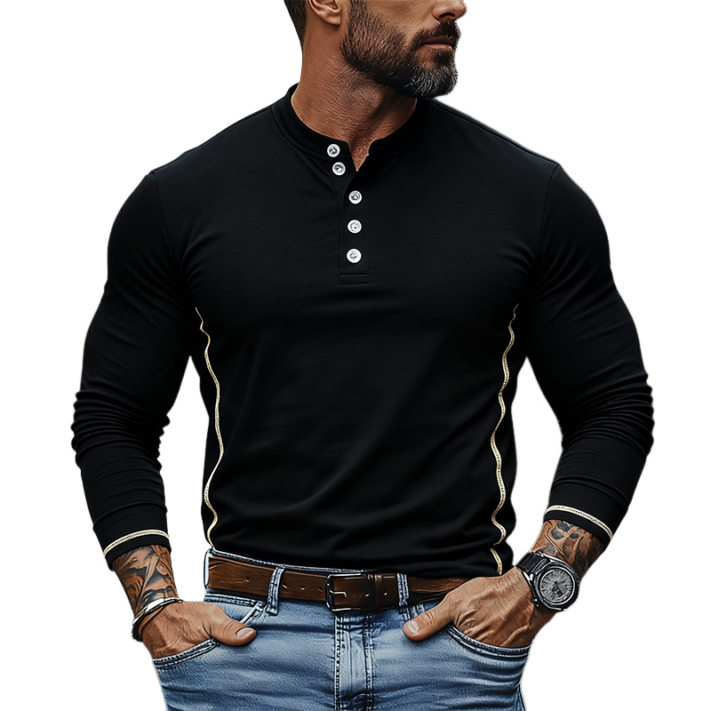 Men's Solid Cotton Blend Long Sleeve Crew Neck Henley T-Shirt MTA2583J0X
