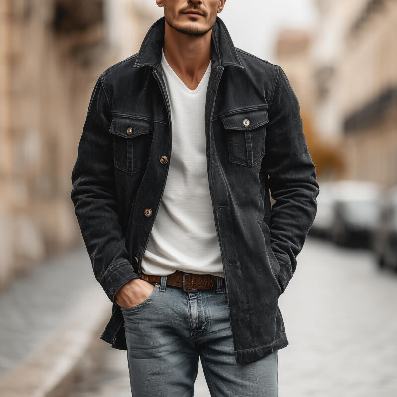 Men's Vintage Outdoor Washed Distressed Denim Lapel Single-breasted Loose Mid-length Jacket MTA2589H2M