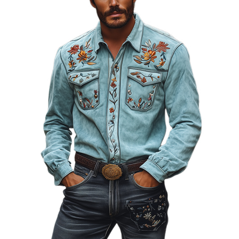 Men's Classic American Retro Western Suede Embroidered Shirt 54064779K