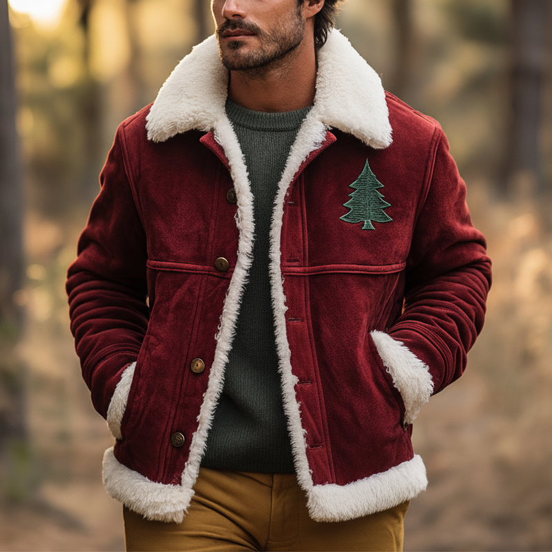 Men's Winter Retro Christmas Tree Embroidered Faux Suede Fleece Lined Jacket MTA1710K0P