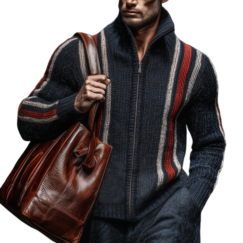 Men's Classic Colorblock Striped Stand Collar Zippered Knit Cardigan MTA2224J8U