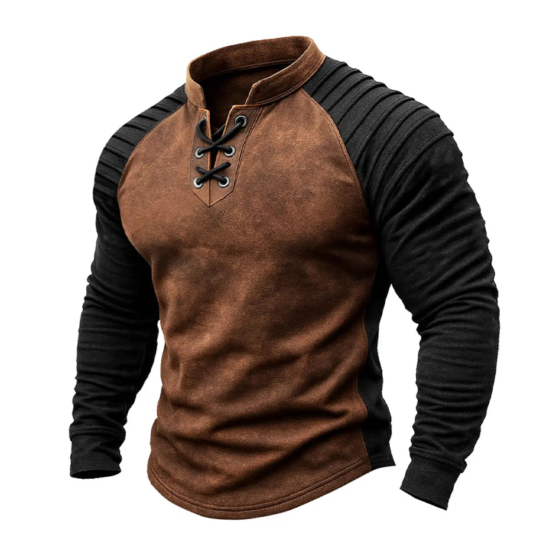 Men's Color Block Suede Stand Collar Tie-Neck Long-Sleeve T-Shirt MTA2298K9X