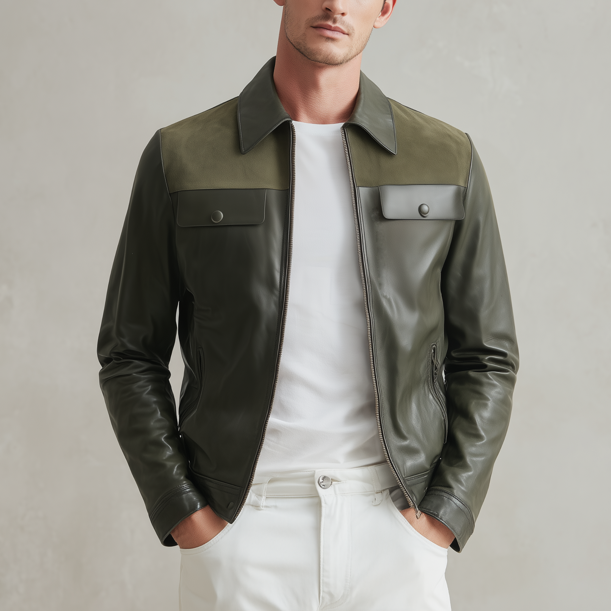 Men's Classic Casual Shoulder Suede Lapel PU Leather Zipper Jacket MTA2909H5K