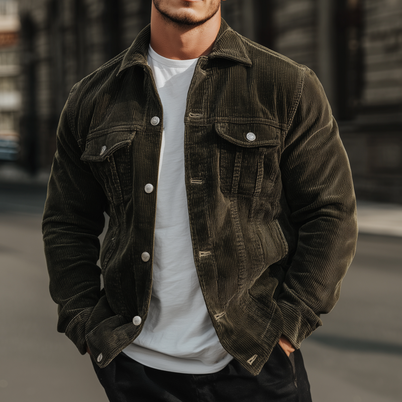 Men's Casual Outdoor Solid Color Corduroy Lapel Single-Breasted Loose Cargo Jacket MTA1241H3M