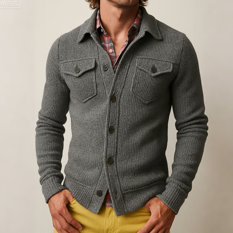 Men's Retro Casual Solid Color Knitted Lapel Long Sleeve Shirt Jacket MTA0614H9TO