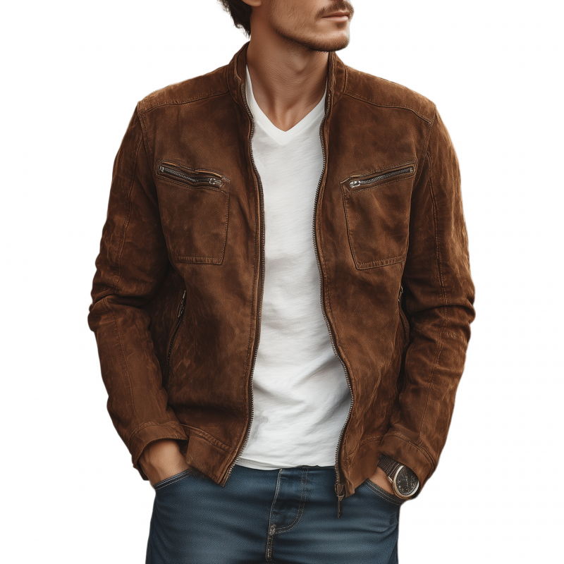 Men's Vintage Faux Suede Stand Collar Zipper Placket Slim Fit Multi-Pocket Cargo Jacket MTA1942H2M