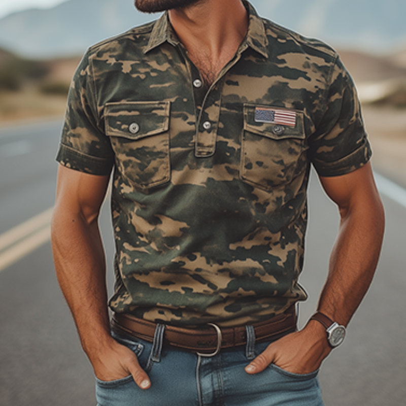 Men's Classic American Logo Vintage Slim Fit Camouflage Short Sleeve Polo Shirt 10334208K